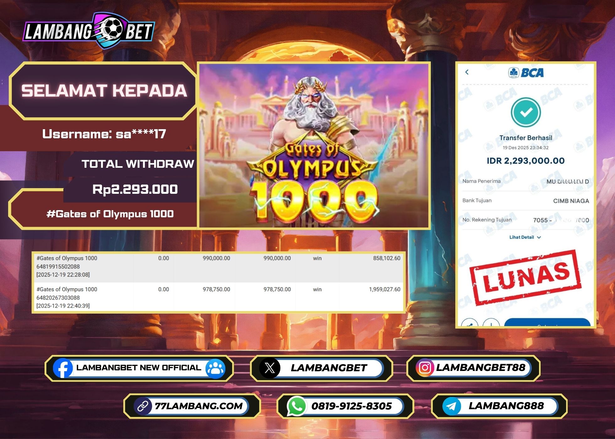 LAMBANGBET [19 DESEMBER 2025] JACKPOT SLOT Gates of Olympus 1000 "Rp2.293.000" LUNAS